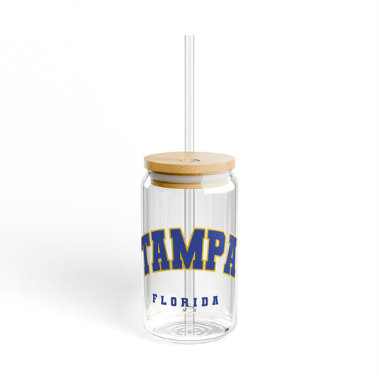 Copy of Custom College Merch Glass Tumbler 16 oz, ANY College Logo Cup, Iced Coffee Glass Tumblers, Lid and Straw, College Student Gift