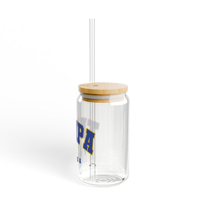 Copy of Custom College Merch Glass Tumbler 16 oz, ANY College Logo Cup, Iced Coffee Glass Tumblers, Lid and Straw, College Student Gift